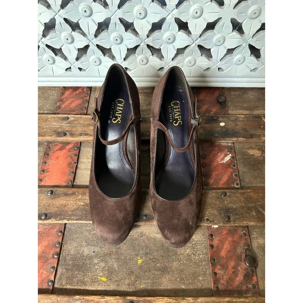 Chaps Adele Brown Suede Mary Jane Wedge Pumps Womens 7.5 B Chocolate Round Toe